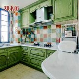 托斯卡纳美式厨房 整体橱柜定制绿色水曲柳欧式实木厨柜定做U形