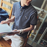 夏季新品日系条纹刺绣短袖POLO衫韩版潮牌青年修身男士翻领T恤衫