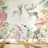手绘田园花卉麋鹿墙纸 温馨婚房卧室电视背景墙壁纸 北欧大型壁画