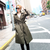 2016韩国秋季韩版修身中长款学生女式显瘦系带收腰墨绿色风衣外套