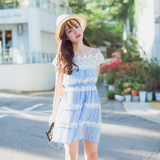 韩国代购夏季短袖一字领甜美小清新露肩高腰雪纺蕾丝连衣裙中长款