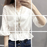 2016夏季新款韩版纯色短袖V领镂空宽松套头荷叶边袖雪纺衫上衣女