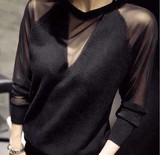 【天天特价】女装新款网纱长袖气质蕾丝拼接性感透气薄毛衣打底衫