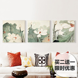 新中式客厅装饰画三联沙发背景墙挂画餐厅画 国画  张大千荷花