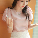 2016夏季新款韩版宽松短袖雪纺衫大码女装纯色荷叶边上衣圆领小衫