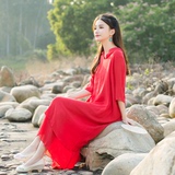 实拍2016年春装新款中国风古典改良汉服大红色仙女裙连衣裙