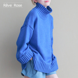 ReveRose 韩版文艺半高领宽松加厚毛衣女中长款套头开叉针织毛衫