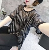 2016夏季新款韩版条纹套头冰丝T恤女开叉前短后长薄款短袖针织衫