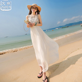 无袖背心连衣裙 立体印花白色真丝连衣裙 波西米亚海边渡假沙滩裙