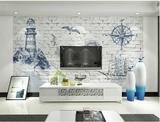 3D灯塔白砖 地中海风格卧室墙布电视背景墙壁纸 北欧宜家墙纸壁画