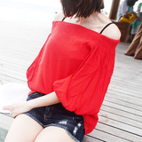 2016夏装漏肩性感一字领露肩红色上衣女棉麻短袖雪纺衫出游韩版