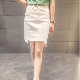 2016夏季高腰牛仔裙半身裙中长款韩版修身显瘦毛边A字白色包臀裙