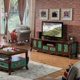 美式乡村电视柜2米组合地柜彩绘矮柜实木雕花客厅柜欧式做旧茶几