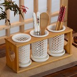 日韩式陶瓷筷子筒 镂空筷子筒三筒筷架防霉沥水筷子盒筷笼配竹架