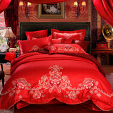 贡缎全棉 婚庆四件套纯棉大红刺绣1.8m床品 六八件套结婚床上用品