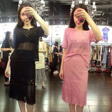 2016夏季新款韩版褶皱边短裙镂空圆领上衣显瘦蕾丝套装两件套女