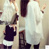 衣服蘑菇街女装春装2016 韩版宽松大码中长款白衬衣百搭长袖衬衫