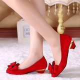 新款婚鞋平底红色新娘鞋蝴蝶结低跟尖头结婚鞋孕妇婚鞋平跟秀禾鞋