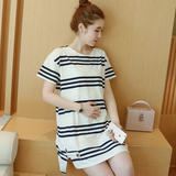 2016孕妇装夏季新款韩版纯棉条纹宽松加大码女上衣中长款短袖T恤