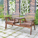 新款户外阳台庭院实木桌椅碳化防腐木双人带靠背休闲椅连体茶几椅