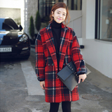 韩国代购2016秋冬新款加厚夹棉红格子宽松中长款羊毛呢子大衣外套