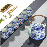 景德镇陶瓷茶壶 大号青花瓷提梁壶茶具 日式茶杯整套 凉水壶茶具
