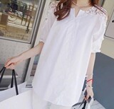 夏季新款胖mm韩版大码女装V领短袖宽松半袖蕾T恤丝镂空白色衬衫女