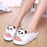 2016夏韩版可爱卡通熊猫kitty一字型女拖鞋字母厚底平跟居家拖鞋