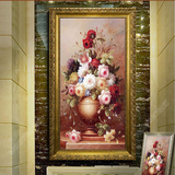 欧式玄关油画美式纯手绘装饰画客厅抽象挂画复古花卉有框壁画竖版