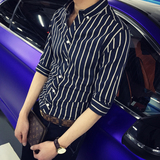 夏季韩版修身花条纹男士短袖衬衫青年七分袖衬衣免烫中袖商务寸衫
