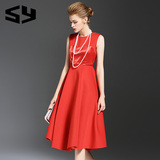 SY法国专柜正品代购红色连衣裙圆领修身显瘦复古公主裙蓬蓬裙