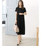 夏季新款韩版大码莫代尔女装长款连衣裙圆领短袖口袋高腰宽松长裙