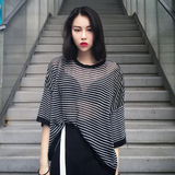 2016夏季新款条纹透视蝙蝠袖短袖T恤女韩版宽松显瘦性感上衣罩衫