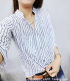 2016夏季黑白竖条纹衬衫女韩版宽松显瘦长袖立领口袋衬衣韩国韩范