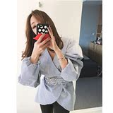2016春夏 韩国代购性感V领坚条纹系腰带修身气质泡泡袖上衣衬衫女