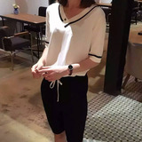 韩国2016纯色V领薄款短袖冰丝衫套头T恤女夏季宽松显瘦简约上衣潮