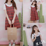 夏季新品韩国学院风少女甜美红绿格子吊带连衣裙女宽松显瘦学生潮