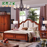 美式乡村实木床双人床1.8米复古欧式床真皮软靠床储物高箱床深色