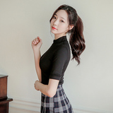 高领中袖T恤女夏季新款显瘦简约气质纯色韩版纯棉上衣修身打底衫