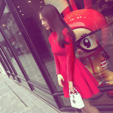 2016秋冬新款红色长袖连衣裙针织韩版修身显瘦高腰蓬蓬裙大码女装