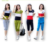 2016夏女韩版纯棉短袖7分裤两件套 大码插色时尚运动休闲套装女