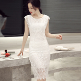 2016夏装新款韩版简约中长款蕾丝连衣裙女修身白色包臀一步裙职业