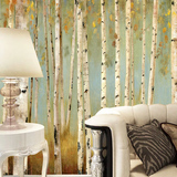 欧式复古大型壁画北欧宜家沙发电视背景墙壁纸抽象油画白桦林墙纸