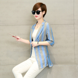 2016夏季新款韩版短款修身五分袖条纹显瘦百搭西装外套女职业装潮