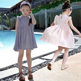韩国女童装2016夏季短袖海边度假沙滩裙儿童连衣裙纯棉格子娃娃裙