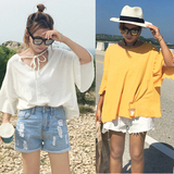 夏季韩版新款百搭显瘦灯笼袖系带V领雪纺衫女中长款五分袖上衣潮