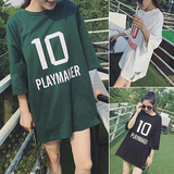 2016夏季新款韩版女装割破圆领字母印花T恤女七分袖中长款上衣潮