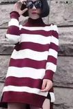 2015冬装新款女装韩版高领条纹开叉宽松显瘦针织打底上衣毛衣 女