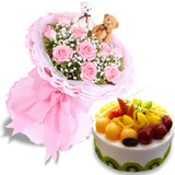 重庆市鲜花店同城配送11朵粉玫瑰鲜花水果蛋糕组合生日礼物预订