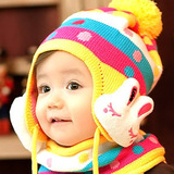 秋冬款儿童护耳帽 可爱小兔多彩圆点加厚针织帽+围巾 套装